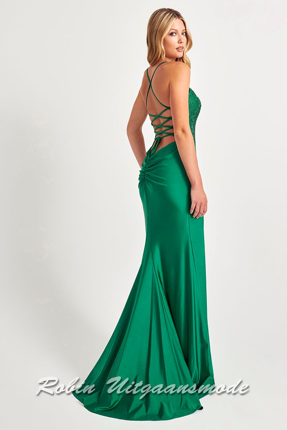 Prom dress with low back and sparkling corset top