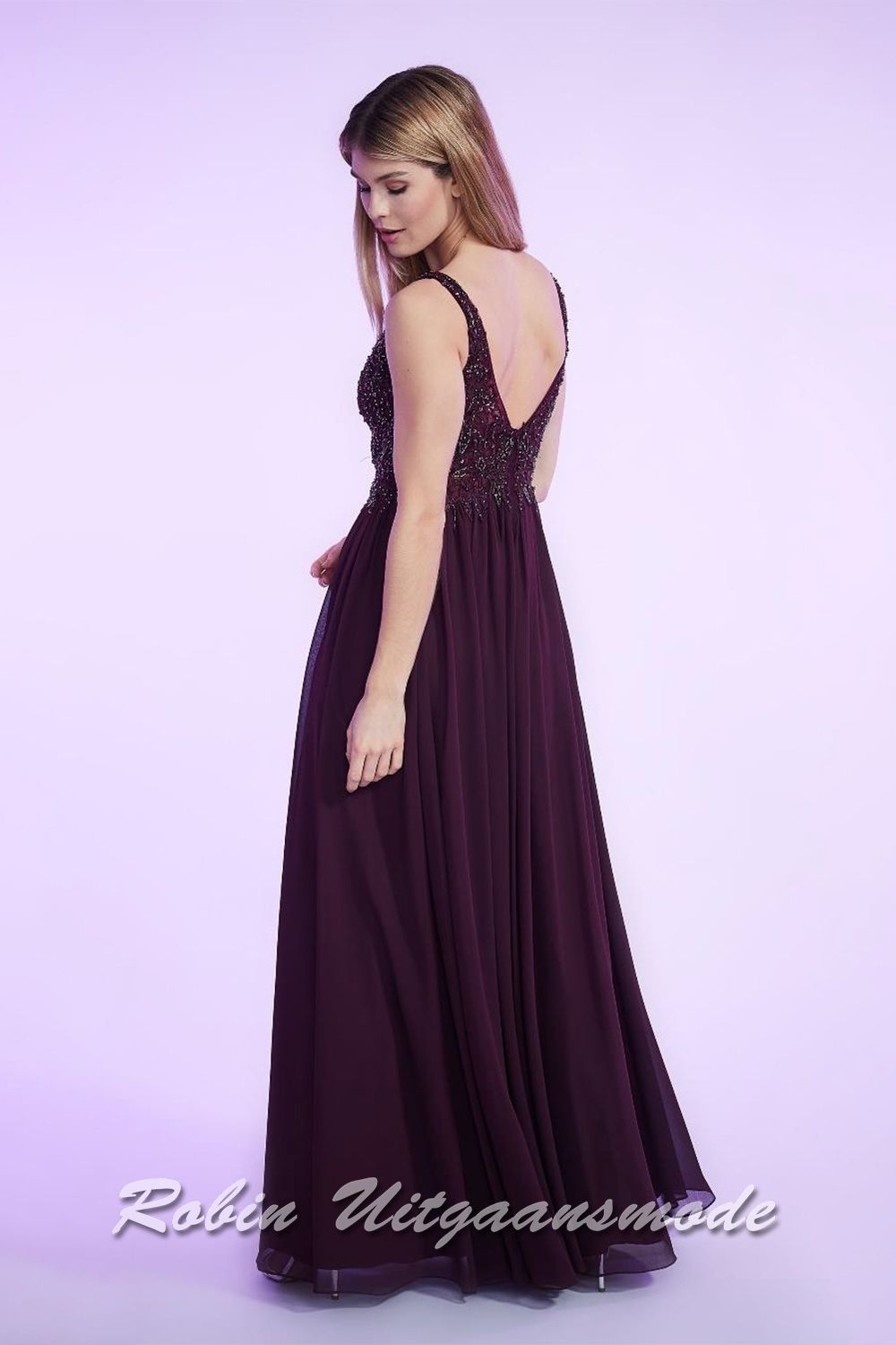 Back of the Prom dress with V-neck glitter bodice, wide straps and long chiffon skirt