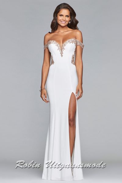 Close-up of the Sexy off-shoulder wedding dress with high slit