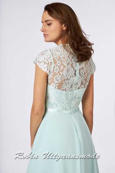 Back of the mintgreen Cocktail dress with a high v-neck and lace cap sleeves