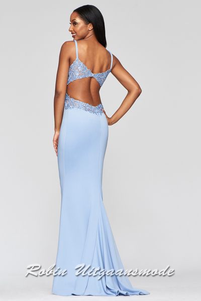 Back of the light blue Long evening dress with fitted bodice and deep V-neckline