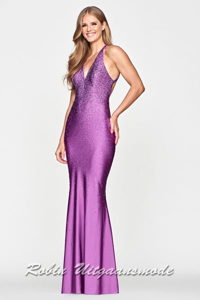 Glamorous prom dress decorated with sparkling stones, a V-neckline in halter style and open back