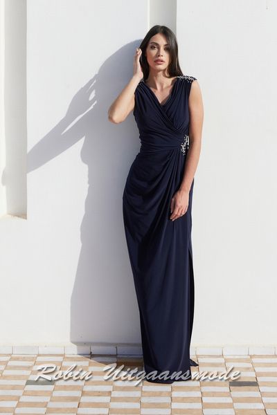 Navy blue Plus size prom dress with wrap over V-neckline and slit