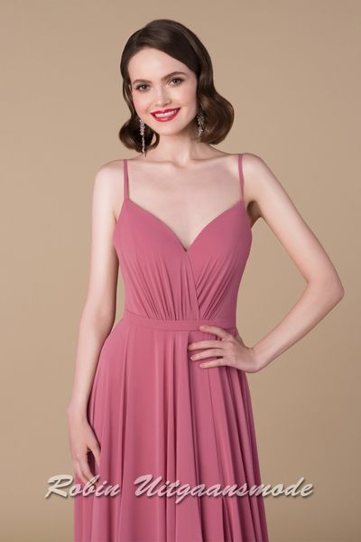 Close-up of the pink Prom dress with hidden split, pleated bodice and charming V-neckline