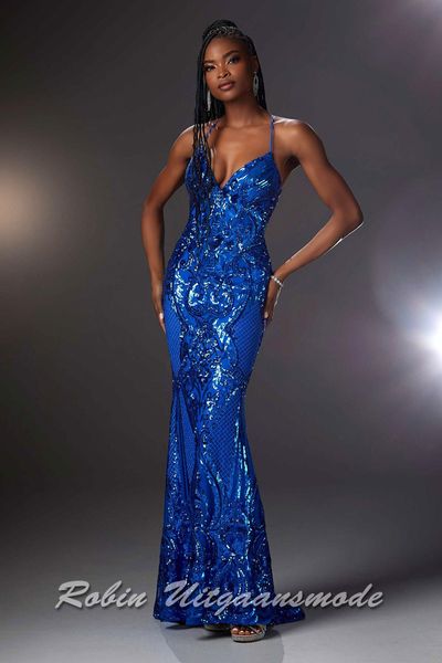 Royal blue Sequin evening dress with fitted bodice, an open back with lace-up closure and designer look pattern over the entire dress