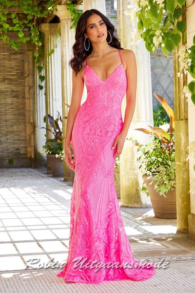 Neon-pink Glitter prom dress decorated with beautiful sequins and train