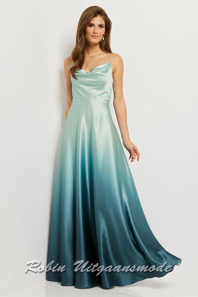 Two-tone prom dress with a waterfall neckline and narrow shoulder straps that continue into a lacing on the open back