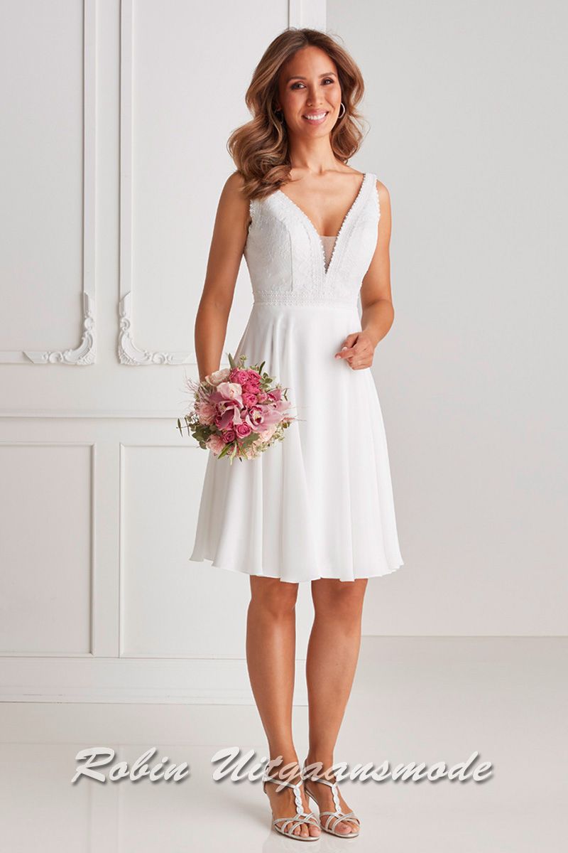 Short wedding dress with lace bodice, deep V-neckline with scalloped trim and pleated chiffon skirt