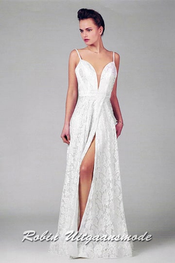 Lace wedding dress with an illusion deep V-neck, narrow straps, an low back and high slit in the long skirt | modelnr g-a2-38