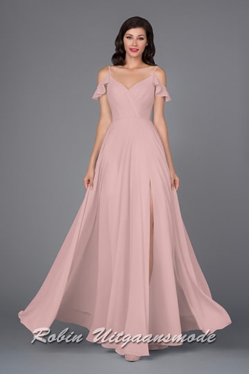 Cute prom dress with dropped pleat sleeves, back plunging neckline and skirt with high slit | modelnr g-e2-8