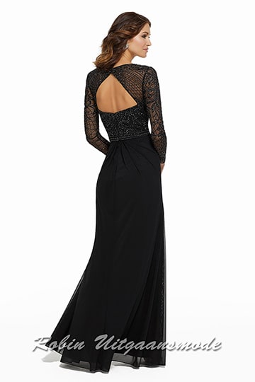 Black evening dress with V-neck and keyhole back, featured with a beaded embroidery on the bodice and the long sleeves. | modelnr g-mo2-69.jpg